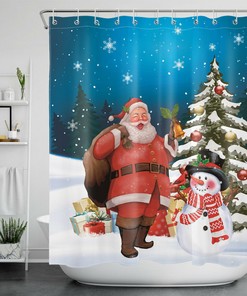 Funny Santa Snowman Christmas Tree Shower Curtain Winter Snowflake Bathroom