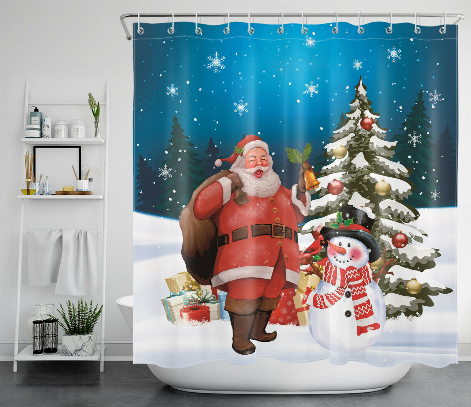 Funny Santa Snowman Christmas Tree Shower Curtain Winter Snowflake Bathroom