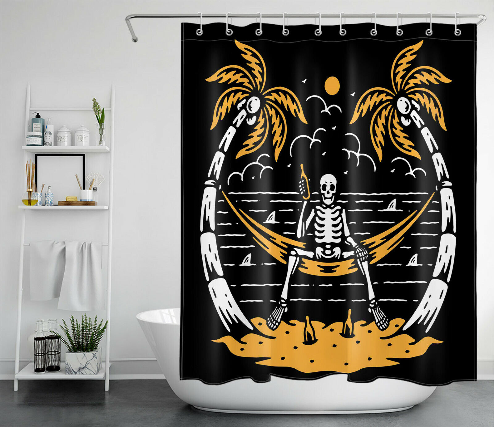 Funny Skull Moon And Palm Tree Beach Shower Curtain For Bathroom