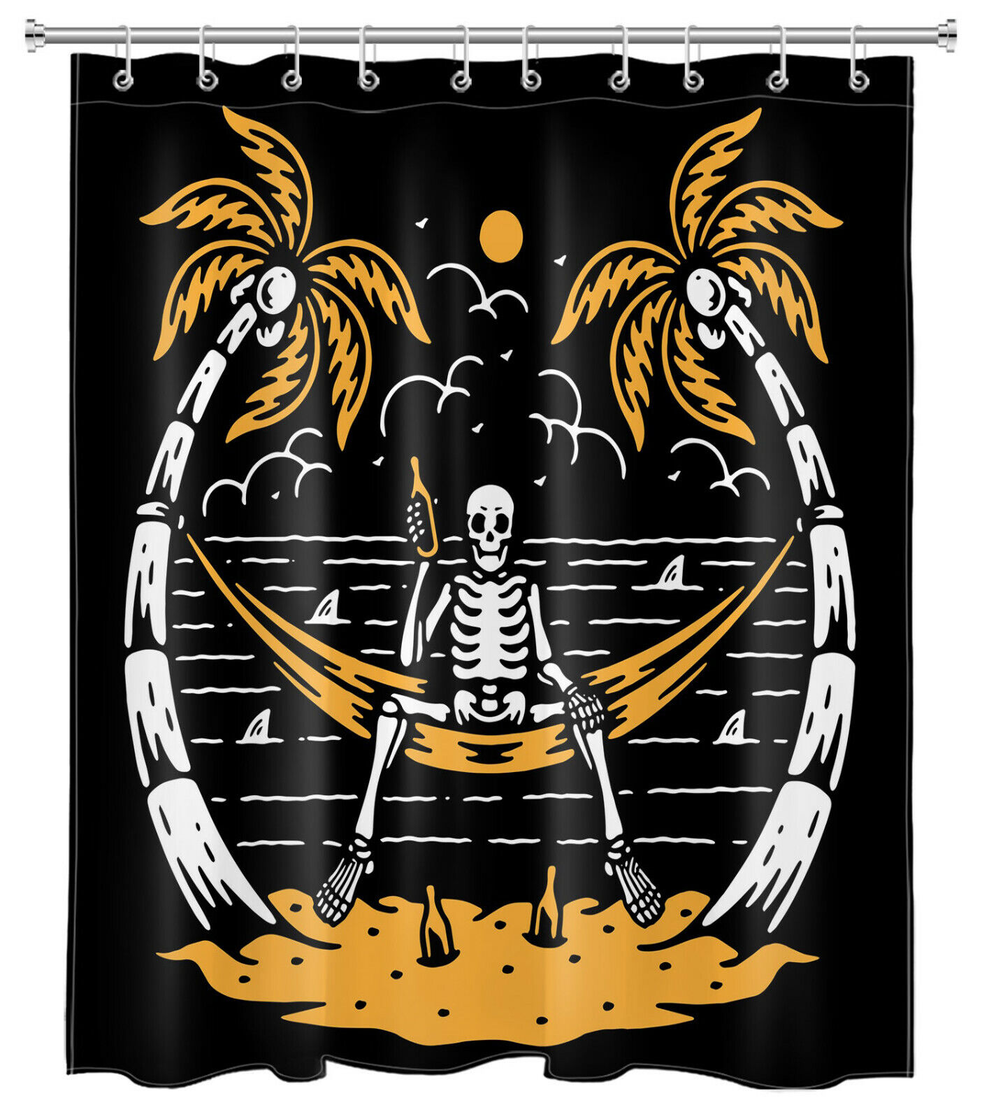 Funny Skull Moon And Palm Tree Beach Shower Curtain For Bathroom - Image 2