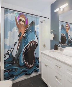 Funny Sloth Riding Shark Shower Curtain, Add a Quirky Touch to Your Bathroom