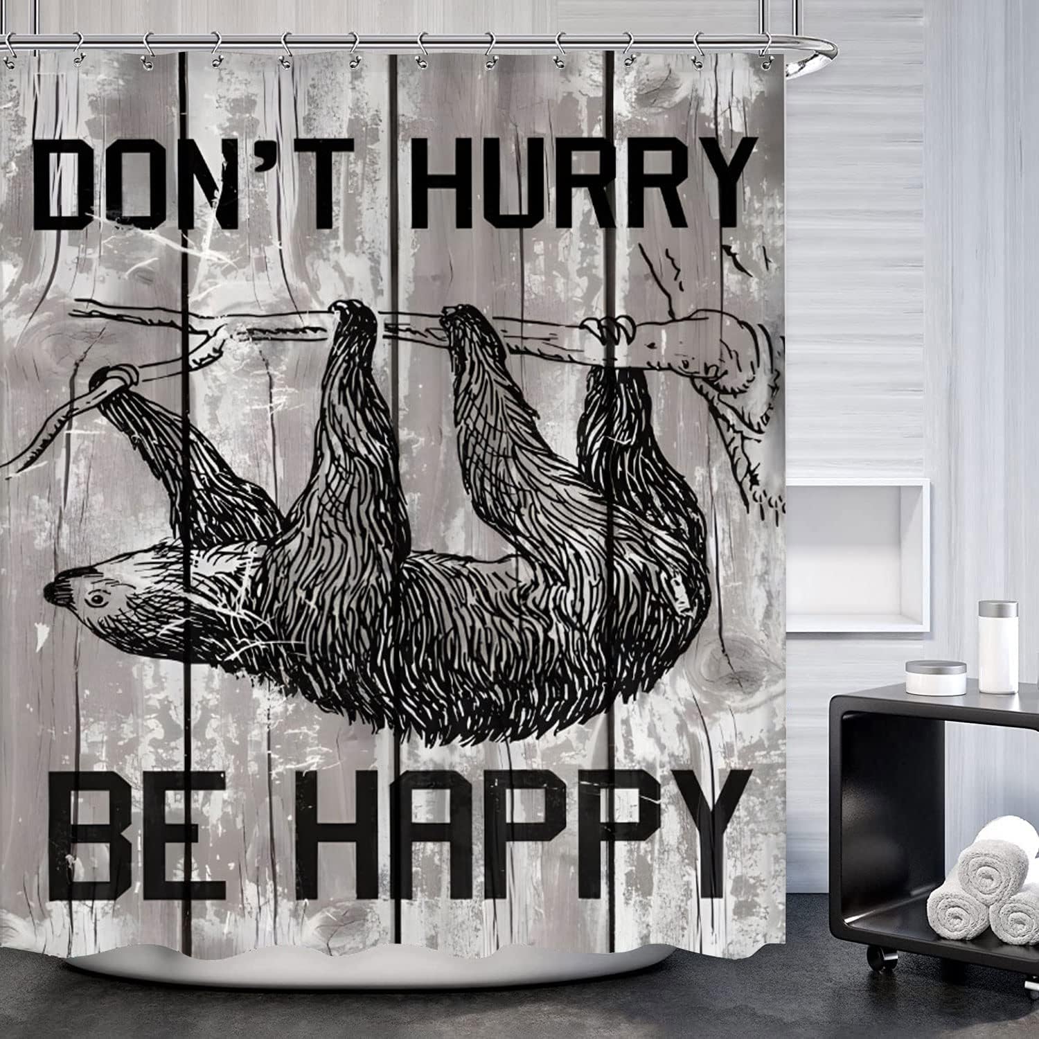Funny Sloth Shower Curtain For Farmhouse Bathroom Decor, Retro And Rustic Design, Cute Grey Animal Waterproof Fabric