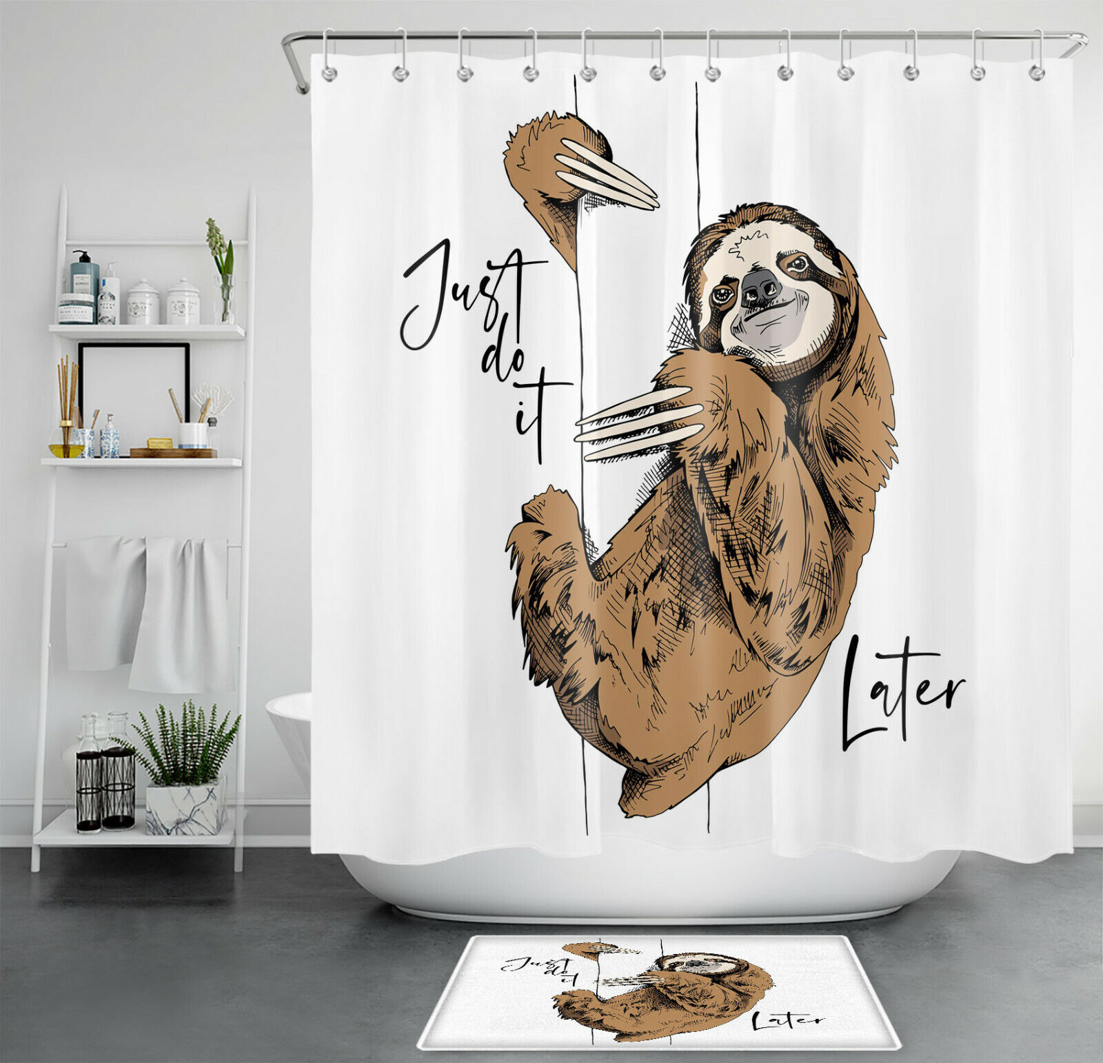 Funny Sloth Shower Curtain Just Do It Later With Cute Animals, Bathroom Accessory
