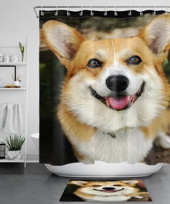 Funny Smiling Corgi Dog Shower Curtain With Waterproof Fabric, Cute Animal Bathroom Decor