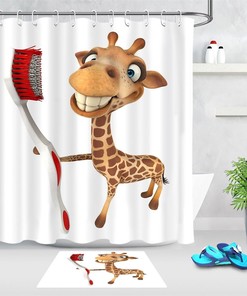 Funny Smiling Giraffe Holding Big Toothbrush Shower Curtain For Bathroom, Great For Animal Lovers