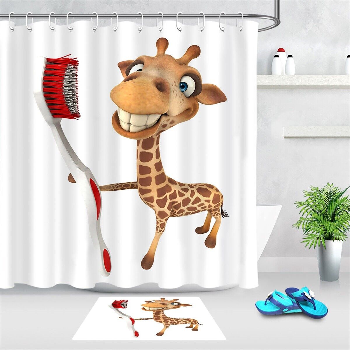 Funny Smiling Giraffe Holding Big Toothbrush Shower Curtain For Bathroom, Great For Animal Lovers