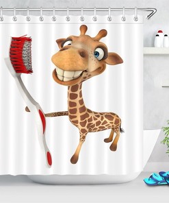 Funny Smiling Giraffe Holding Big Toothbrush Shower Curtain For Bathroom, Great For Animal Lovers