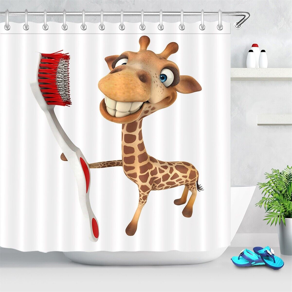 Funny Smiling Giraffe Holding Big Toothbrush Shower Curtain For Bathroom, Great For Animal Lovers