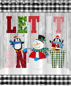 Funny Snowman Christmas Shower Curtain, Buffalo Check Farmhouse Bathroom Decor 