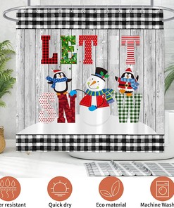 Funny Snowman Christmas Shower Curtain, Buffalo Check Farmhouse Bathroom Decor