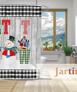 Funny Snowman Christmas Shower Curtain, Buffalo Check Farmhouse Bathroom Decor 