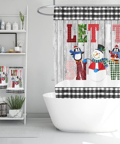 Funny Snowman Christmas Shower Curtain, Buffalo Check Farmhouse Bathroom Decor 