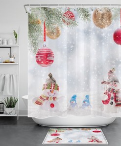 Funny Snowman and Snowflake Christmas Ball Print Shower Curtain Bathroom Decor