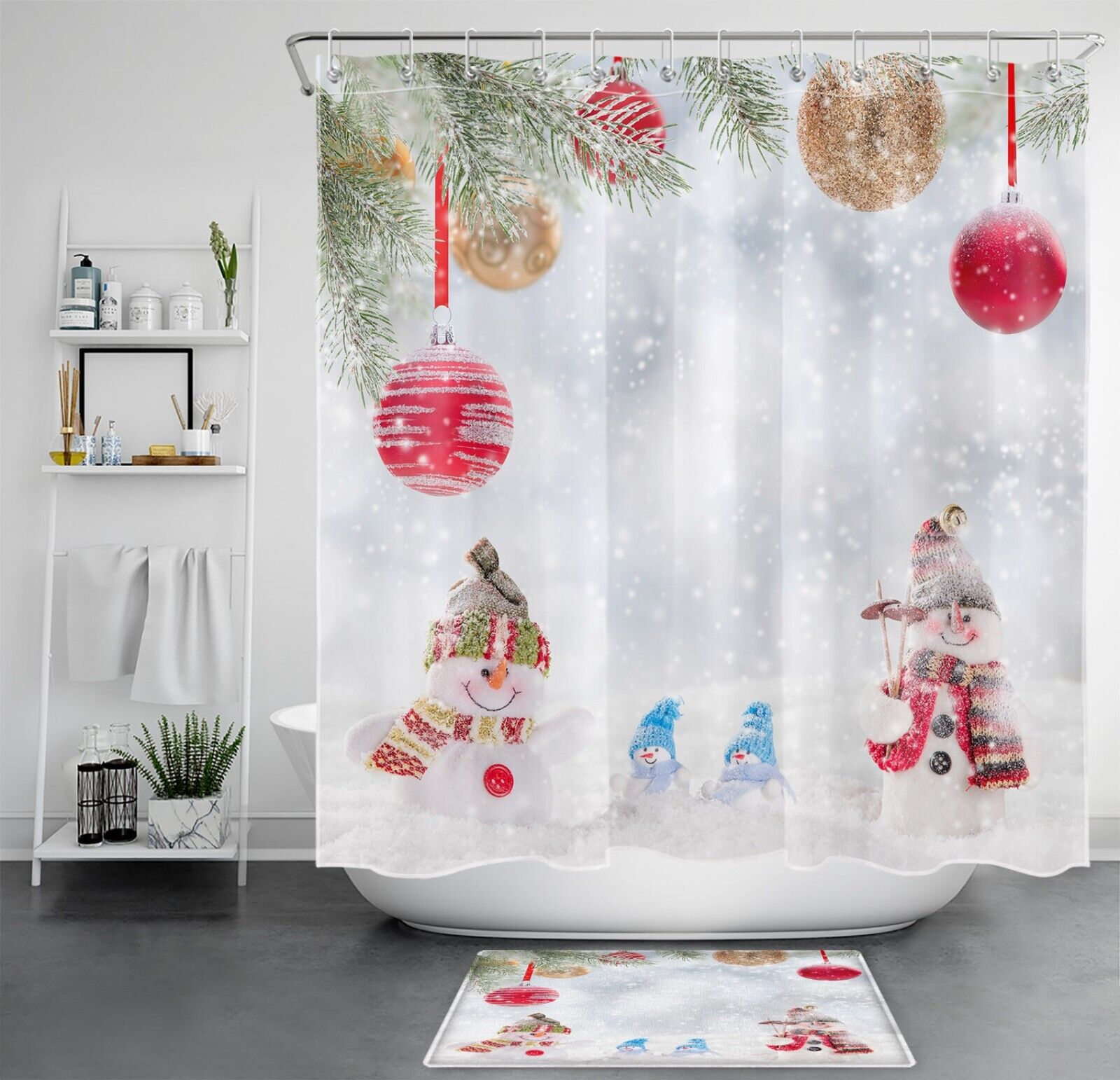 Funny Snowman and Snowflake Christmas Ball Print Shower Curtain Bathroom Decor