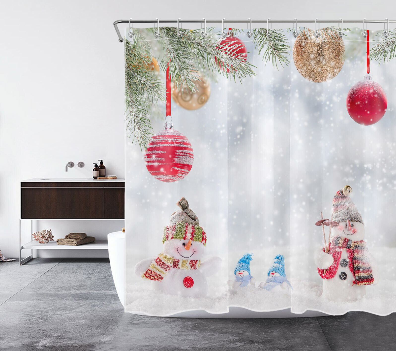 Funny Snowman and Snowflake Christmas Ball Print Shower Curtain Bathroom Decor