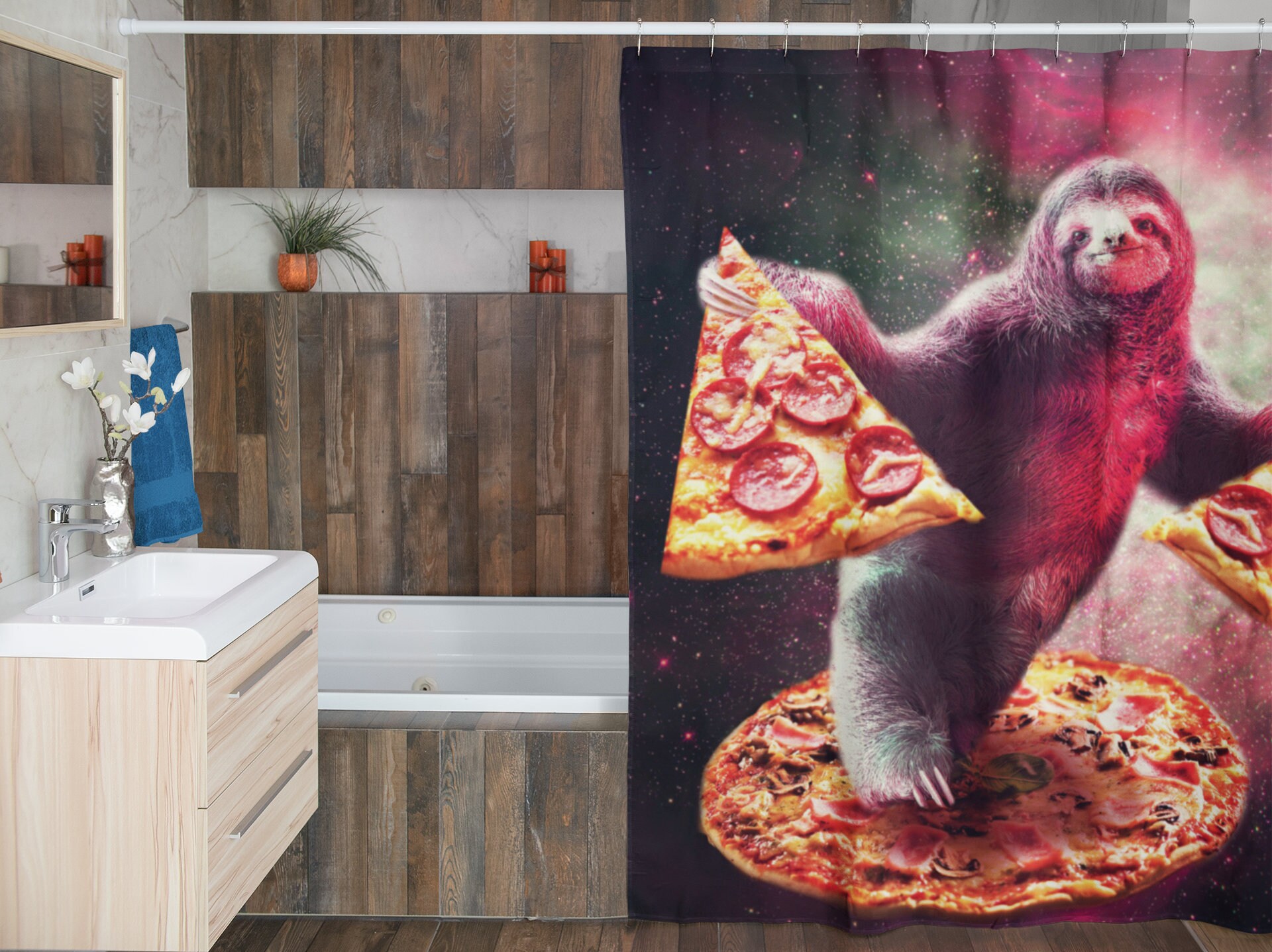 Funny Space Sloth with Pizza Shower Curtain - A Fun Shower Curtain for Your Bathroom Decor