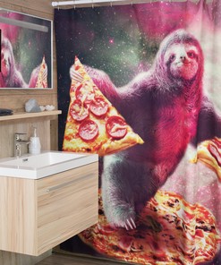 Funny Space Sloth with Pizza Shower Curtain - A Fun Shower Curtain for Your Bathroom Decor