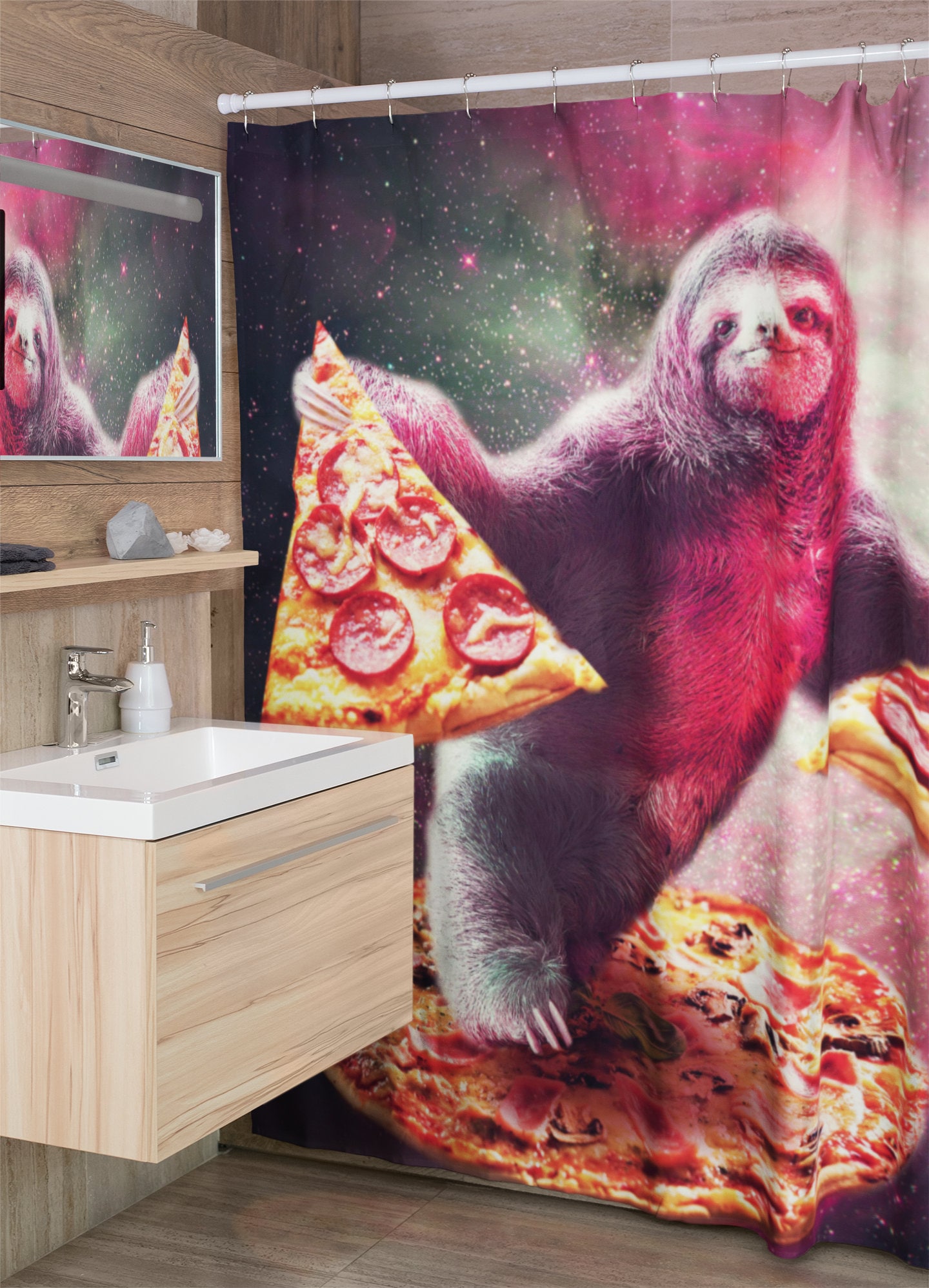 Funny Space Sloth with Pizza Shower Curtain - A Fun Shower Curtain for Your Bathroom Decor