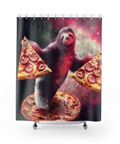 Funny Space Sloth with Pizza Shower Curtain - A Fun Shower Curtain for Your Bathroom Decor