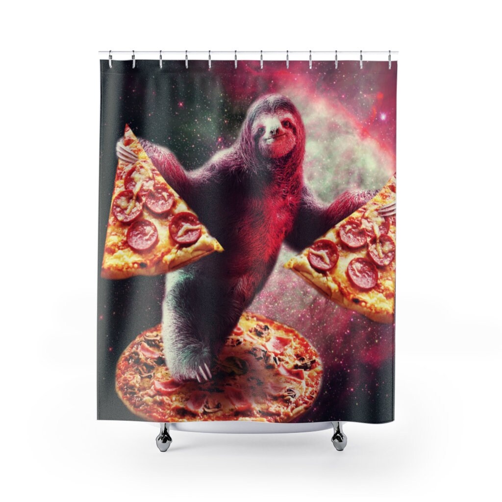 Funny Space Sloth with Pizza Shower Curtain - A Fun Shower Curtain for Your Bathroom Decor