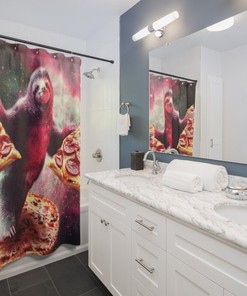 Funny Space Sloth with Pizza Shower Curtain - A Fun Shower Curtain for Your Bathroom Decor