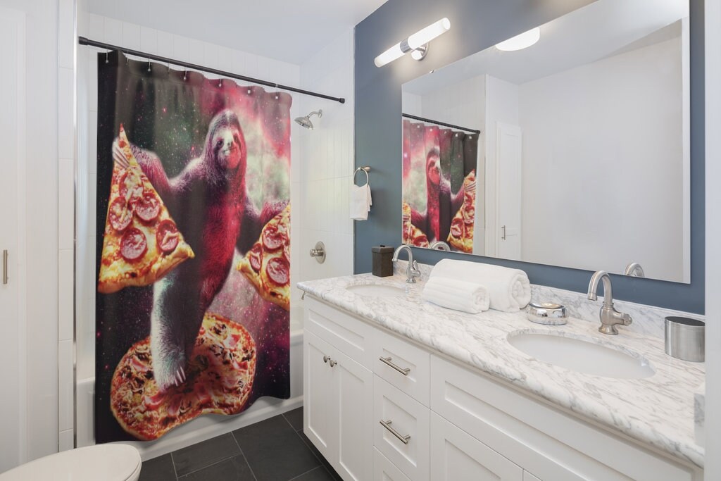 Funny Space Sloth with Pizza Shower Curtain - A Fun Shower Curtain for Your Bathroom Decor
