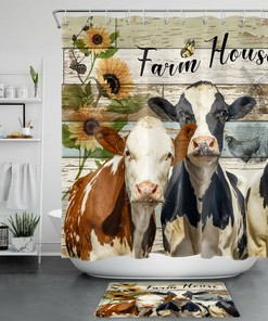 Funny Sunflower Cow Shower Curtain with A Retro Board Design for A Wow Factor in Your Bathroom