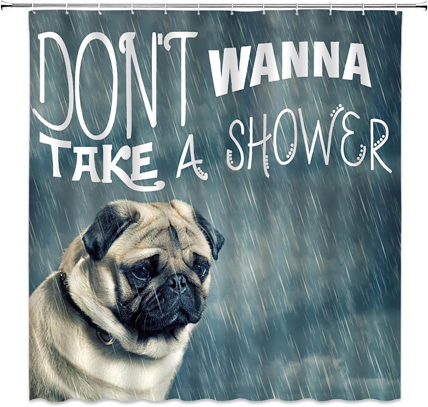 Funny Tan Green Dog Shower Curtain Pug Pet Lovers Cute Puppy Animal Vintage Poster Bathroom Curtains Decor Fabric