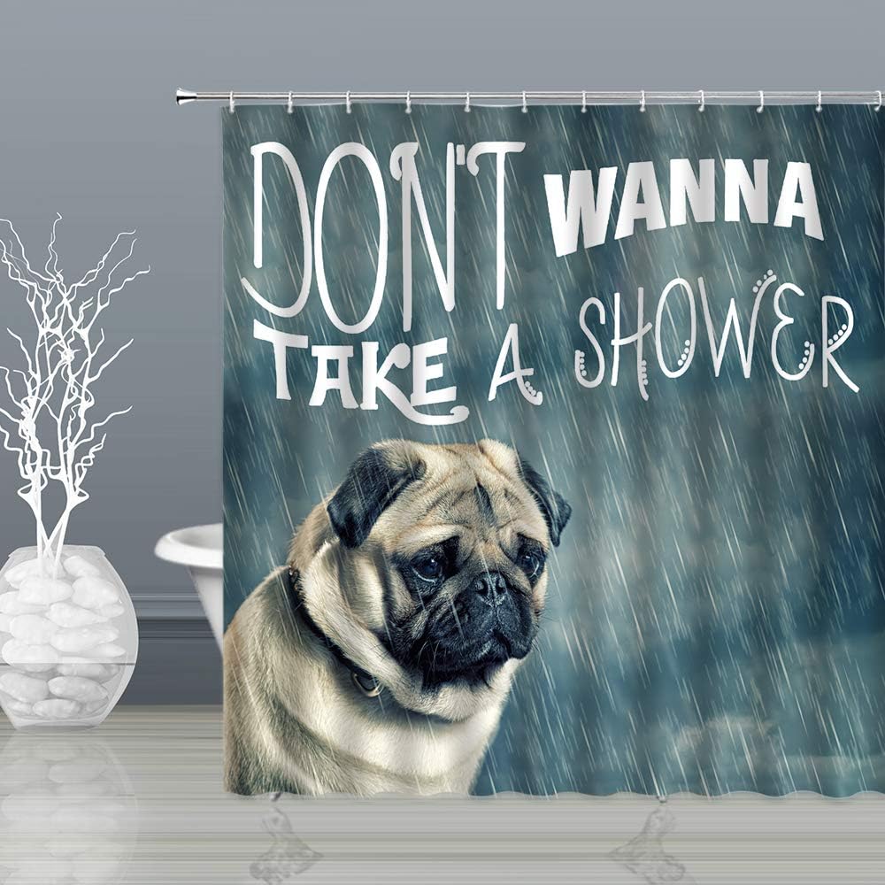 Funny Tan Green Dog Shower Curtain Pug Pet Lovers Cute Puppy Animal Vintage Poster Bathroom Curtains Decor Fabric - Image 2