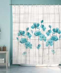 Funny Teal Flower Shower Curtain Set with Distressed Design for Bathroom Decor