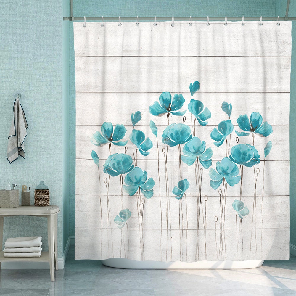 Funny Teal Flower Shower Curtain Set with Distressed Design for Bathroom Decor