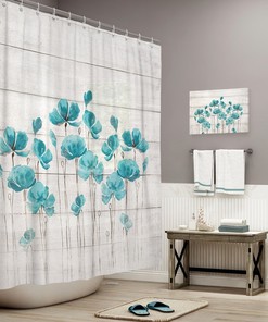Funny Teal Flower Shower Curtain Set with Distressed Design for Bathroom Decor