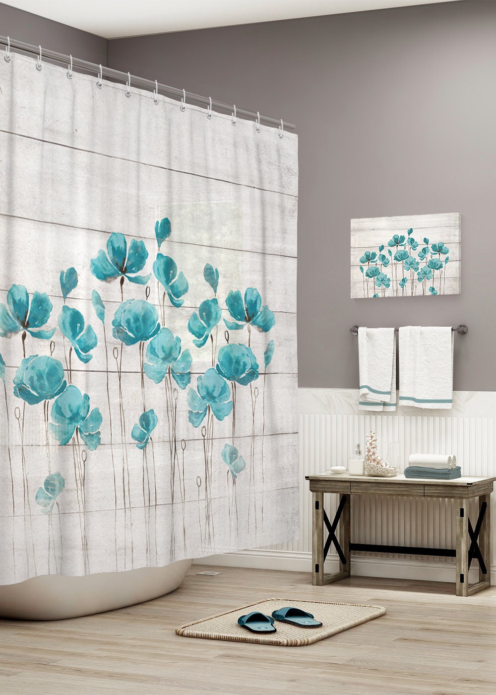 Funny Teal Flower Shower Curtain Set with Distressed Design for Bathroom Decor