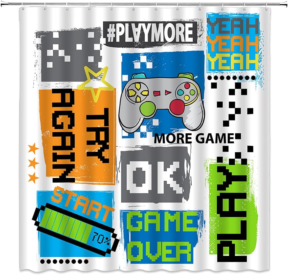 Funny Text Handle Creative Splicing Game Console Shower Curtain - Teens' Classic Modern Design