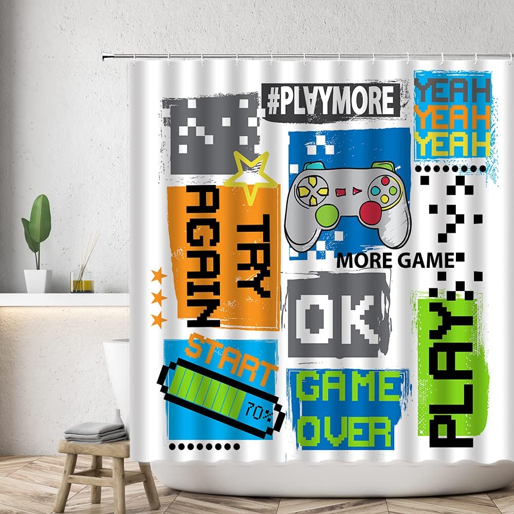 Funny Text Handle Creative Splicing Game Console Shower Curtain - Teens' Classic Modern Design