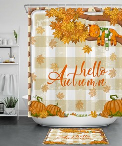 Funny Tiger Shower Curtain With Autumn Pumpkin Maple Leaves For Bathroom Decor