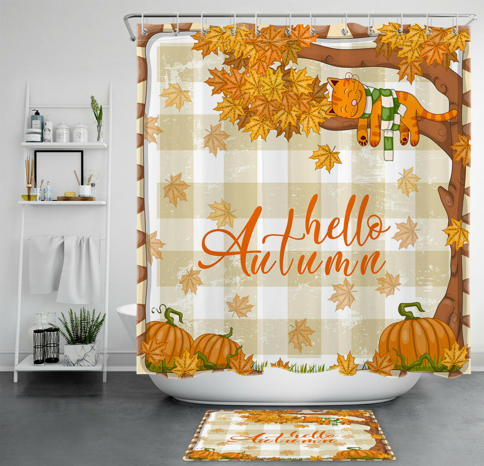 Funny Tiger Shower Curtain With Autumn Pumpkin Maple Leaves For Bathroom Decor
