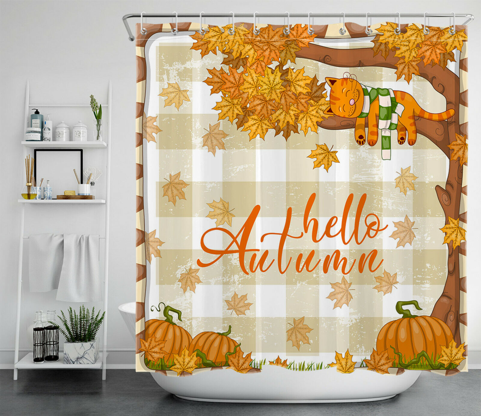 Funny Tiger Shower Curtain With Autumn Pumpkin Maple Leaves For Bathroom Decor - Image 2