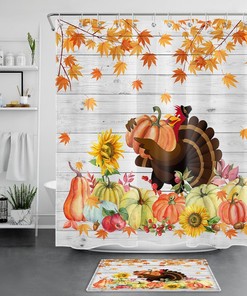 Funny Turkey Pumpkin Shower Curtain Rustic Board Thanksgiving Bathroom Decor
