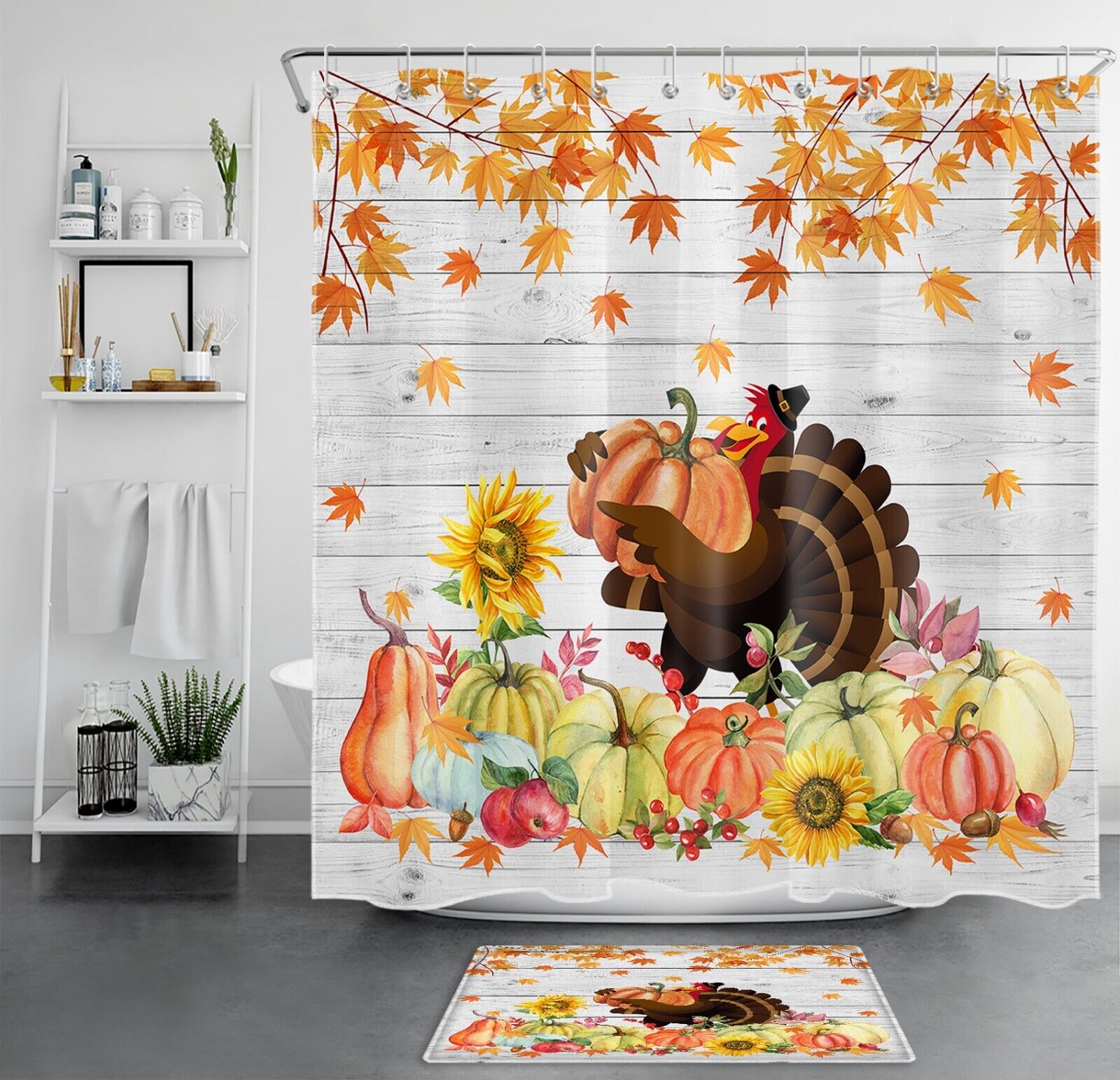Funny Turkey Pumpkin Shower Curtain Rustic Board Thanksgiving Bathroom Decor