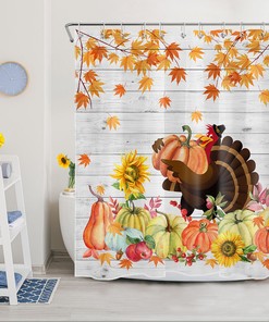 Funny Turkey Pumpkin Shower Curtain Rustic Board Thanksgiving Bathroom Decor