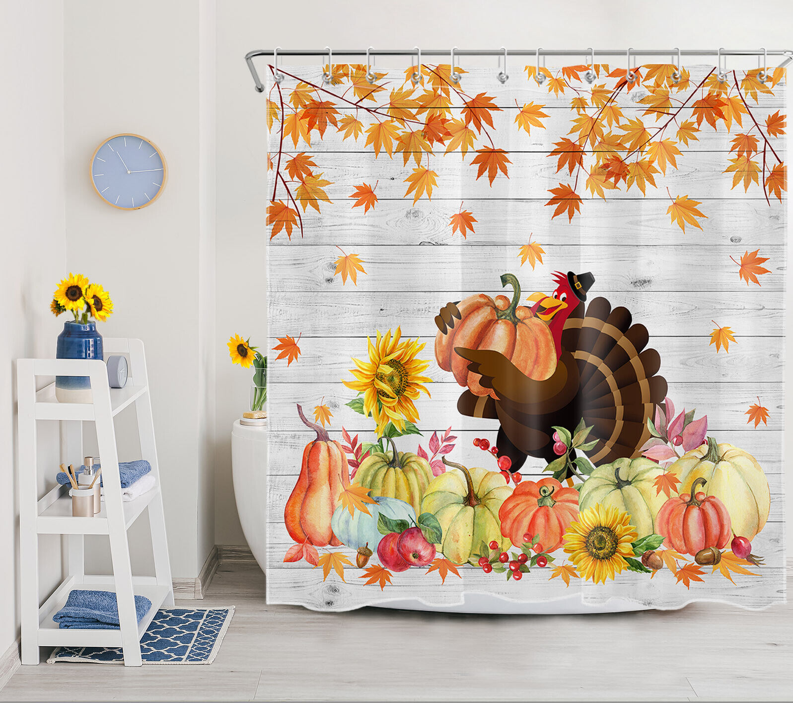 Funny Turkey Pumpkin Shower Curtain Rustic Board Thanksgiving Bathroom Decor