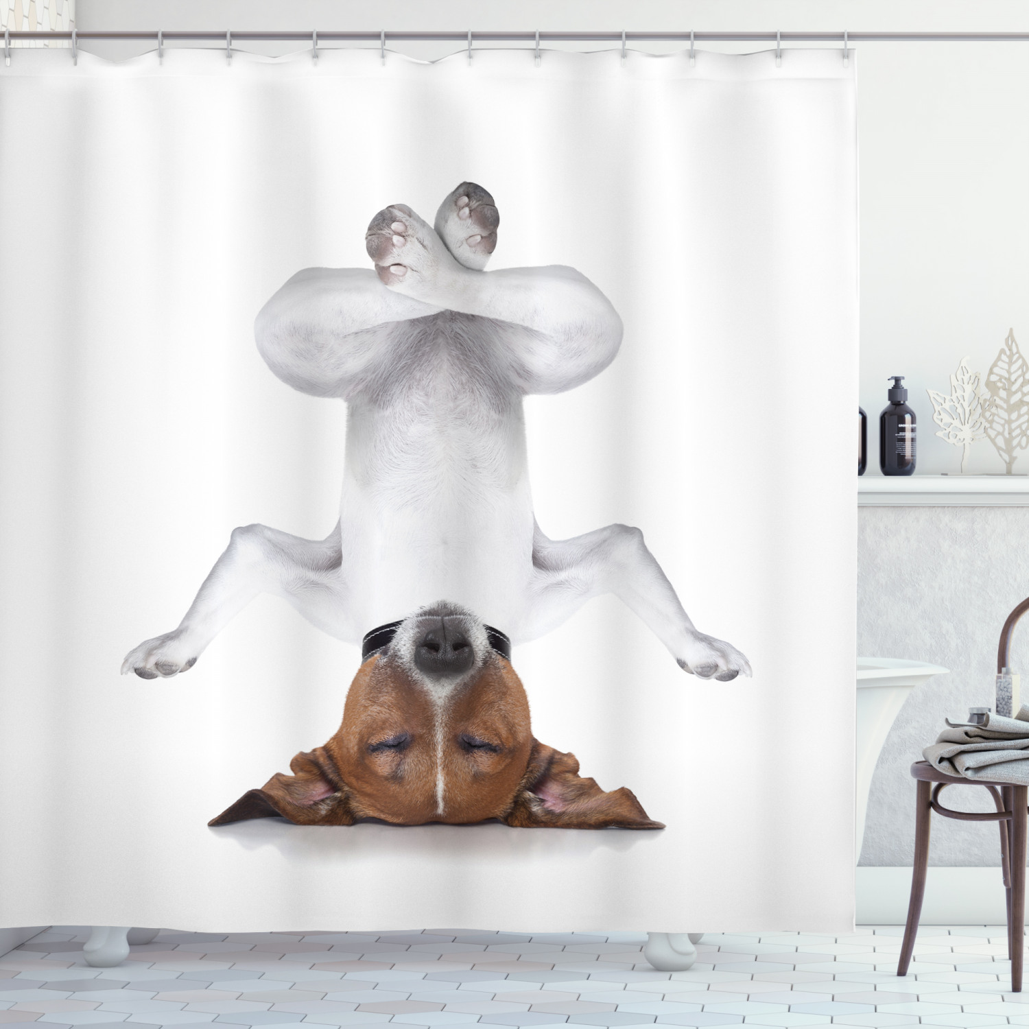 Funny Upside Down Dog Shower Curtain, Great Bathroom Gift Idea For Animal Lovers
