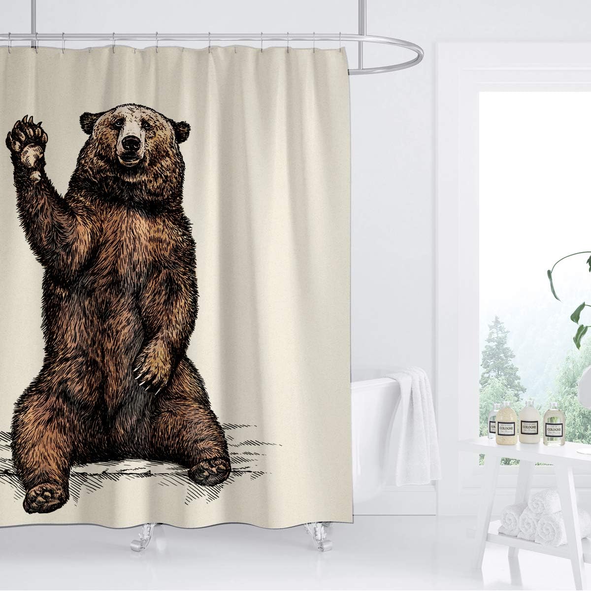 Funny Waving Brown Bear Kids Shower Curtain for Animal Lovers