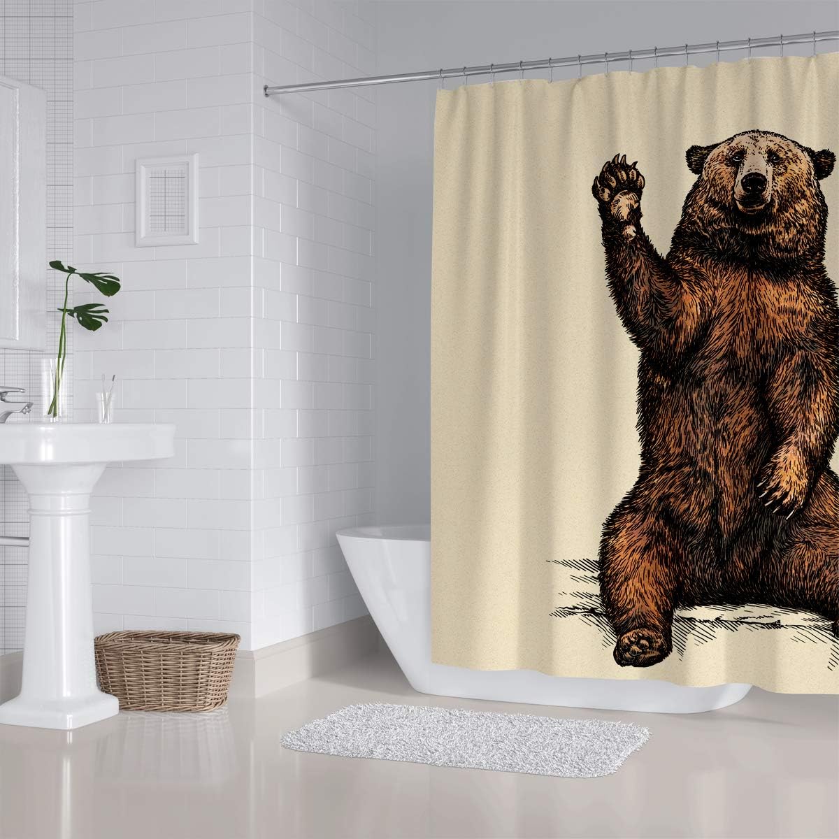 Funny Waving Brown Bear Kids Shower Curtain for Animal Lovers