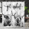Funny Western Wildlife Bull Bathroom Curtain with Grey Marble Backdrop and Quote