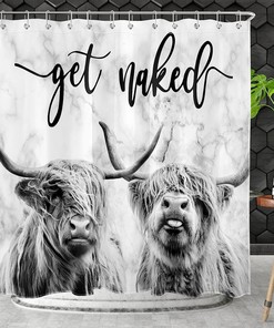 Funny Western Wildlife Bull Bathroom Curtain with Grey Marble Backdrop and Quote