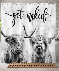 Funny Western Wildlife Bull Bathroom Curtain with Grey Marble Backdrop and Quote