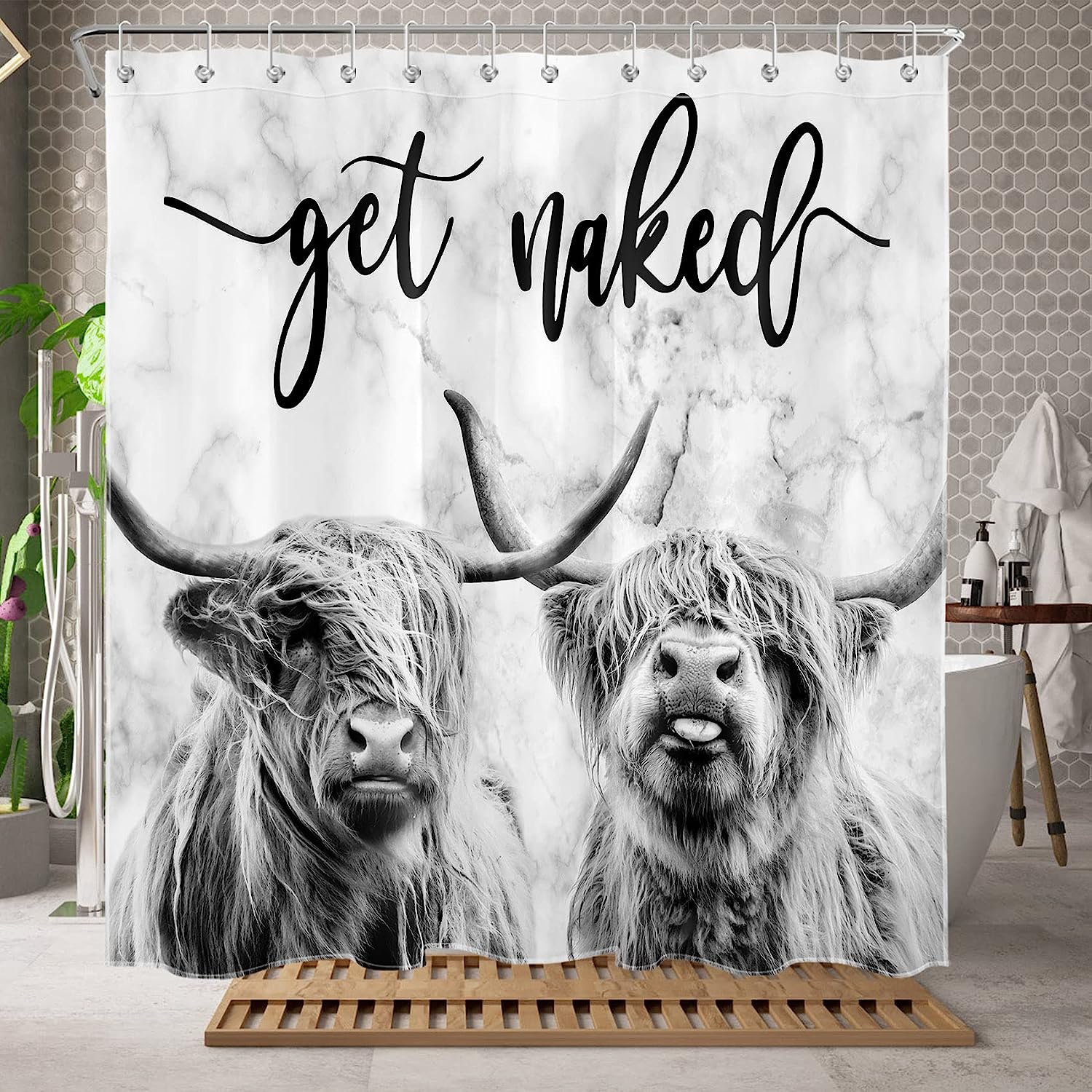 Funny Western Wildlife Bull Bathroom Curtain with Grey Marble Backdrop and Quote