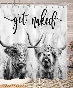 Funny Western Wildlife Bull Bathroom Curtain with Grey Marble Backdrop and Quote